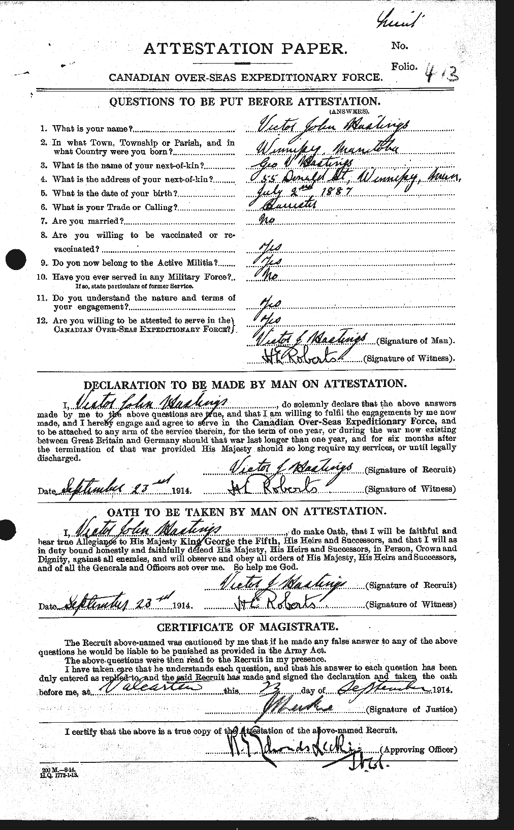 Dossiers du Personnel de la Première Guerre mondiale - CEC 388254a