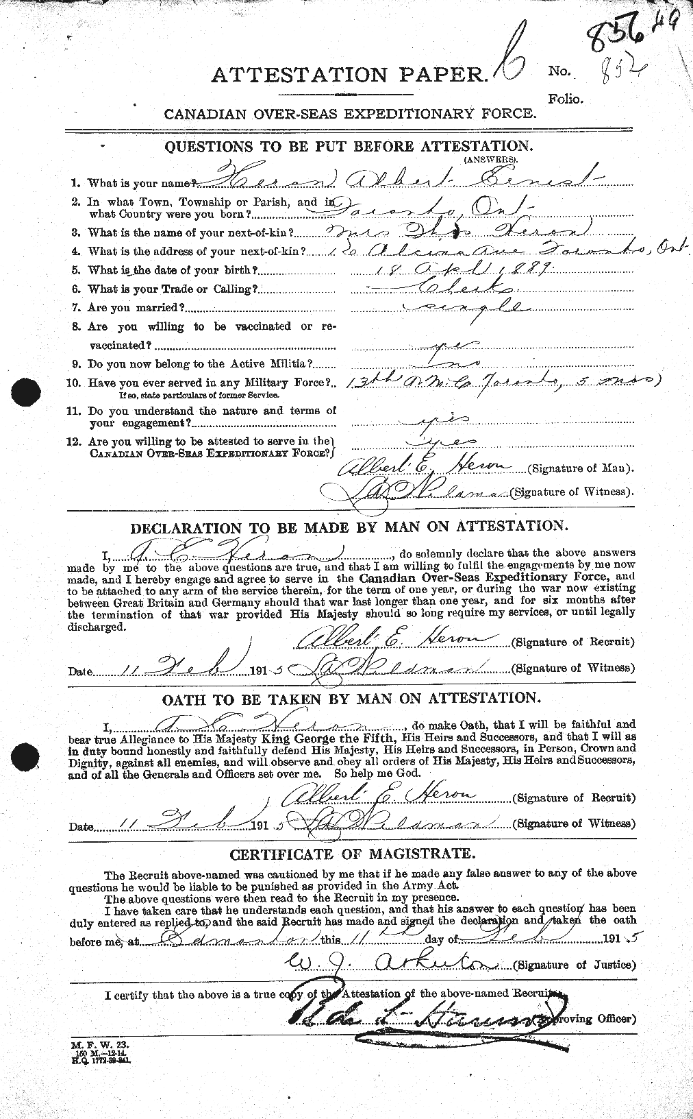 Dossiers du Personnel de la Première Guerre mondiale - CEC 388435a