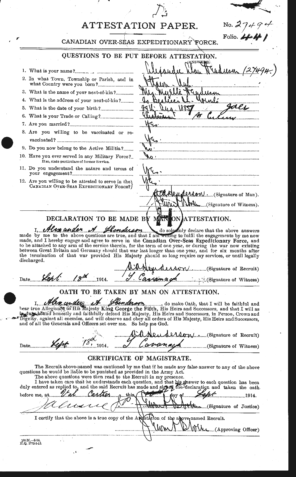 Dossiers du Personnel de la Première Guerre mondiale - CEC 390008a
