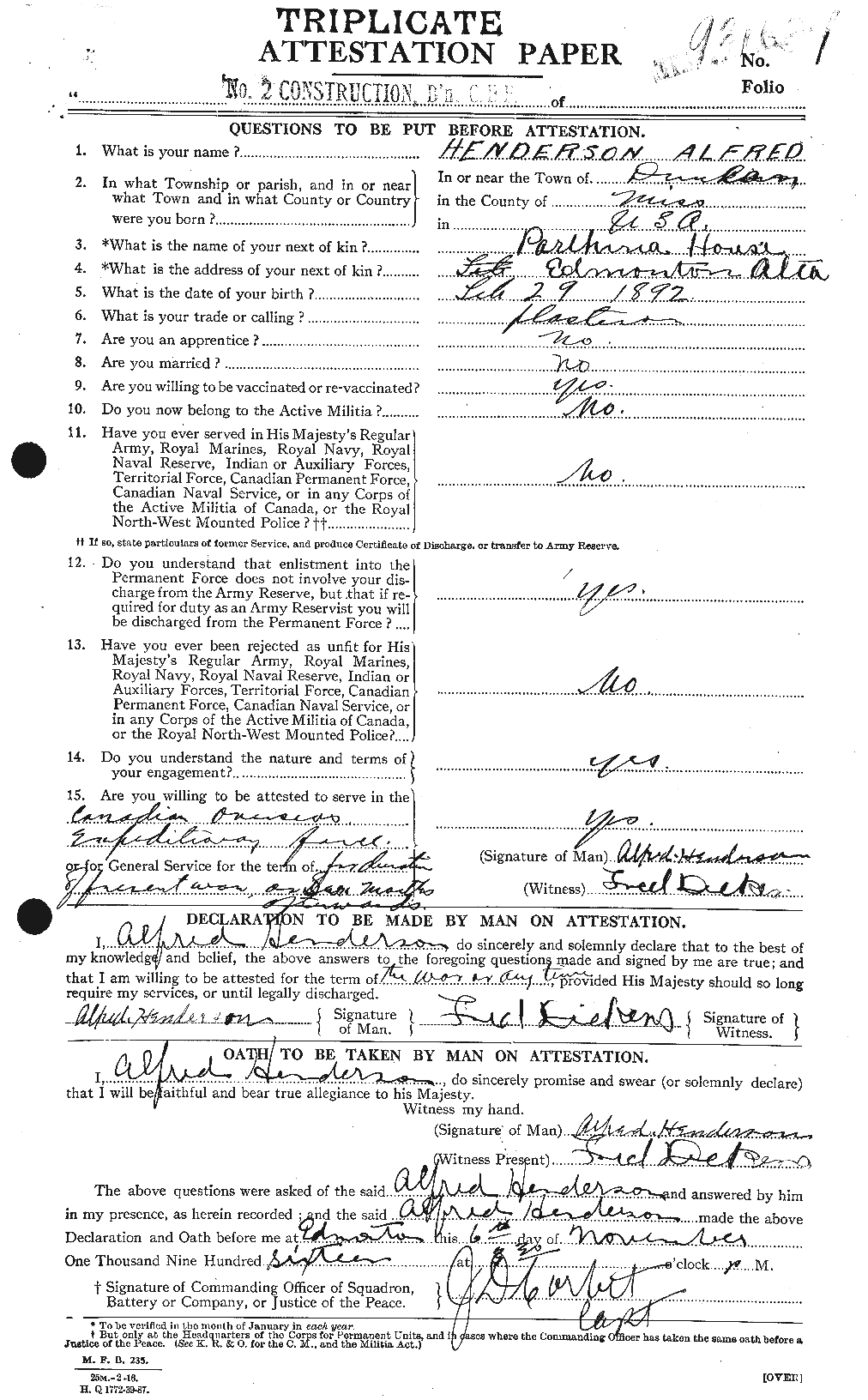 Dossiers du Personnel de la Première Guerre mondiale - CEC 390024a
