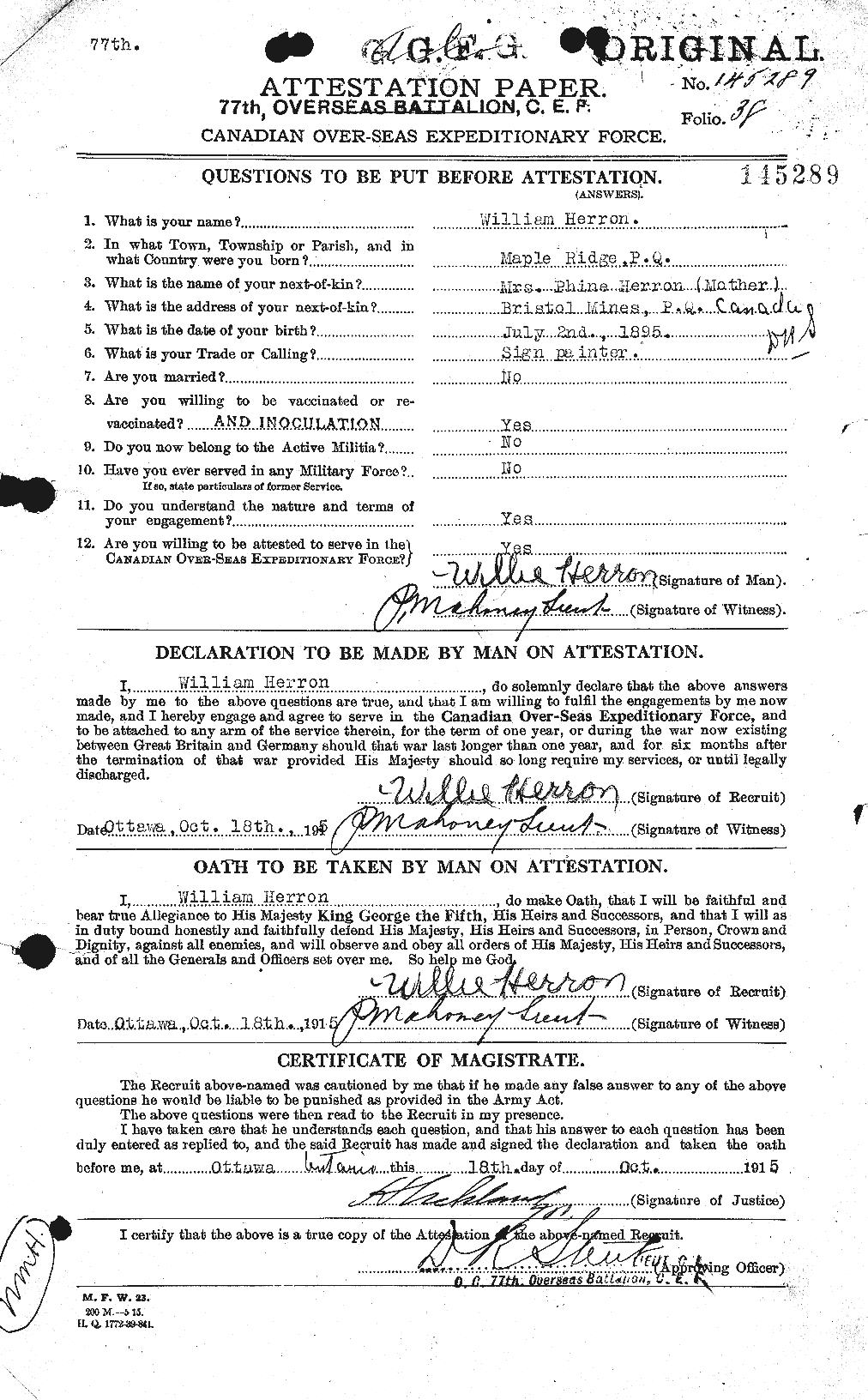 Dossiers du Personnel de la Première Guerre mondiale - CEC 390388a