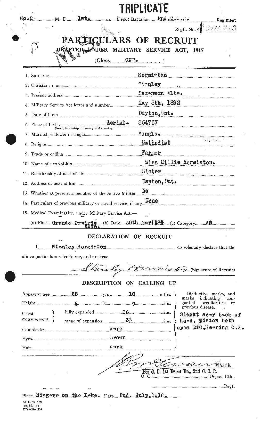 Dossiers du Personnel de la Première Guerre mondiale - CEC 391262a
