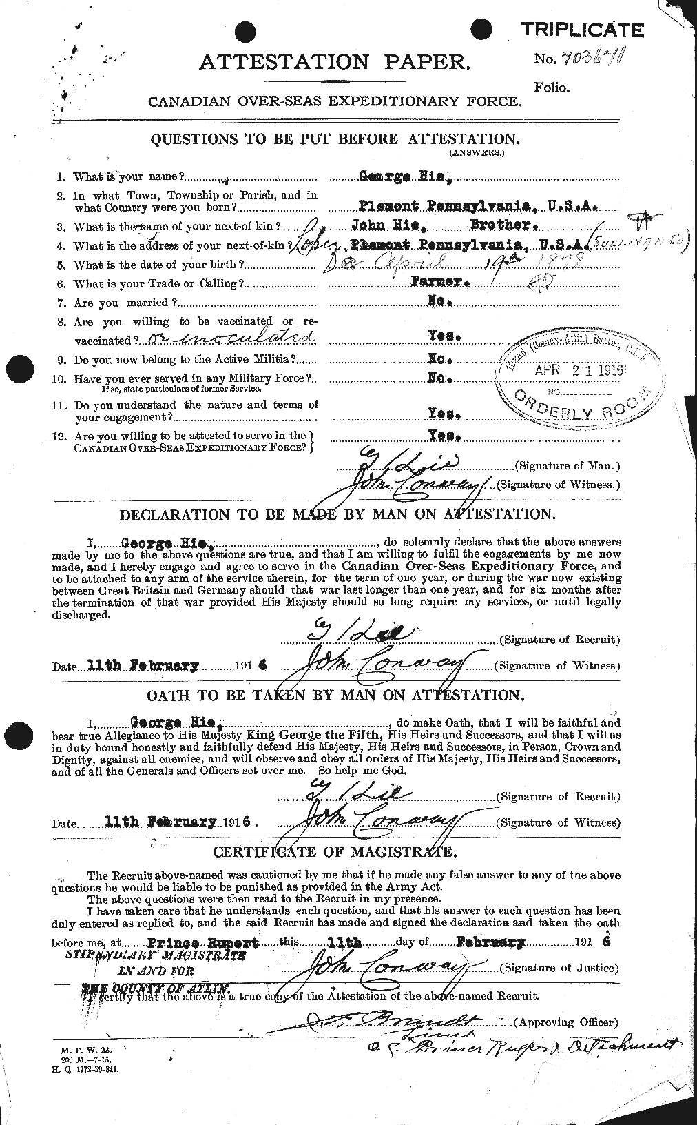 Dossiers du Personnel de la Première Guerre mondiale - CEC 391734a