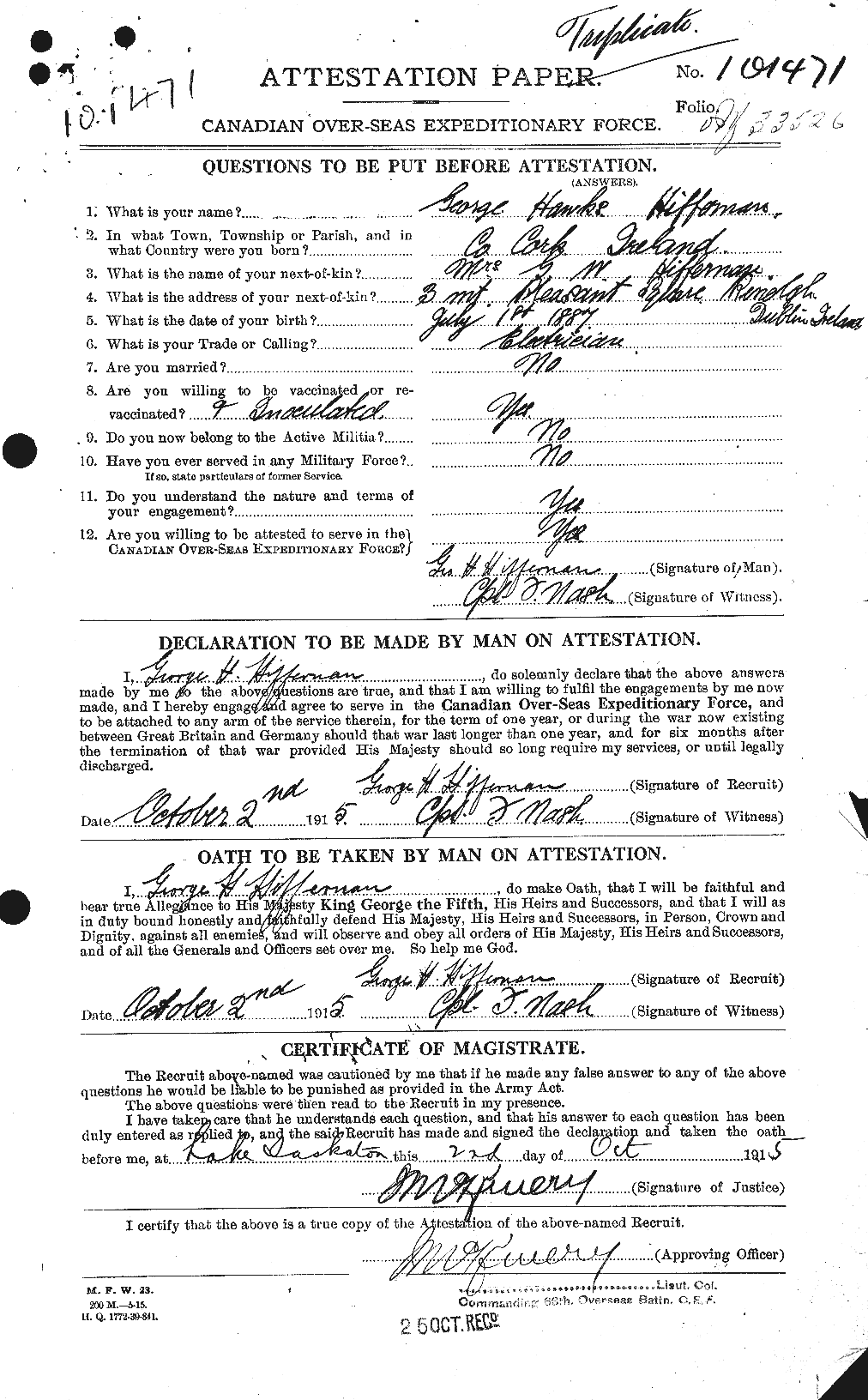 Dossiers du Personnel de la Première Guerre mondiale - CEC 391761a
