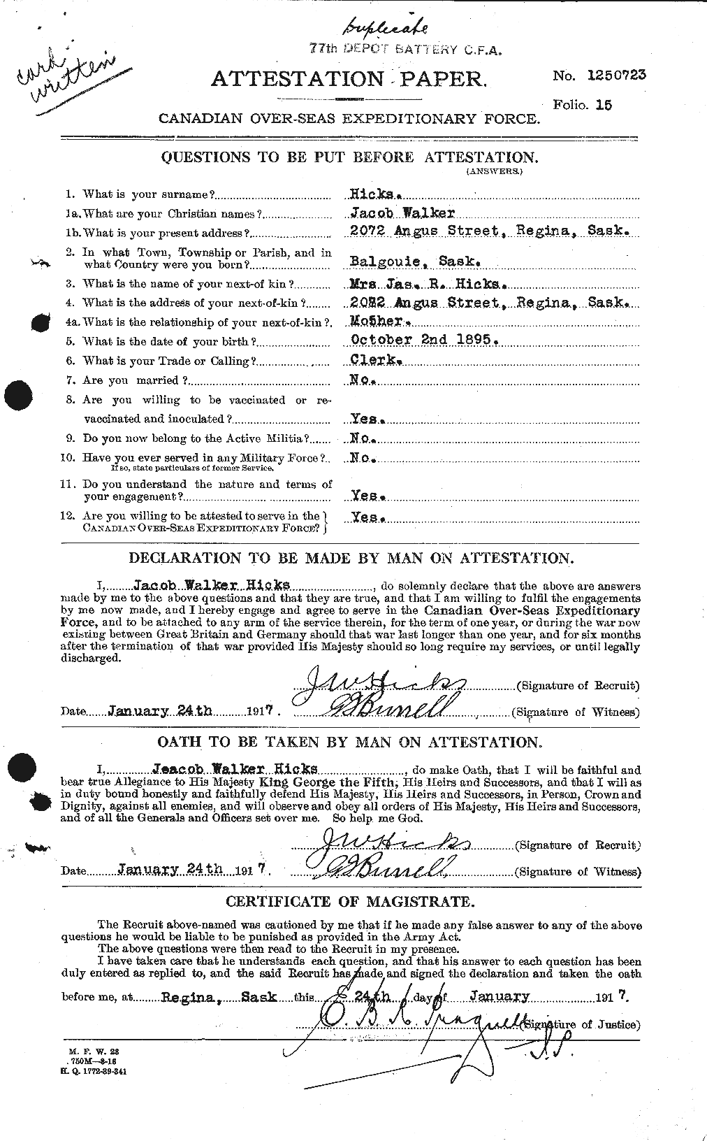 Dossiers du Personnel de la Première Guerre mondiale - CEC 392085a