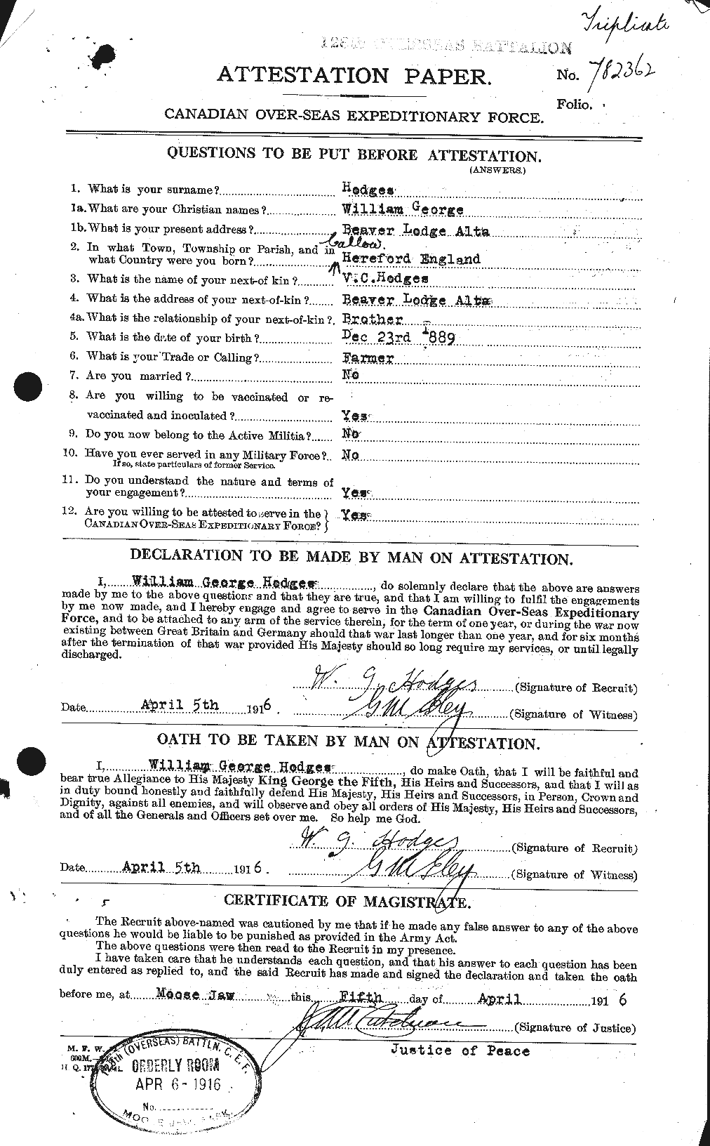 Dossiers du Personnel de la Première Guerre mondiale - CEC 392722a