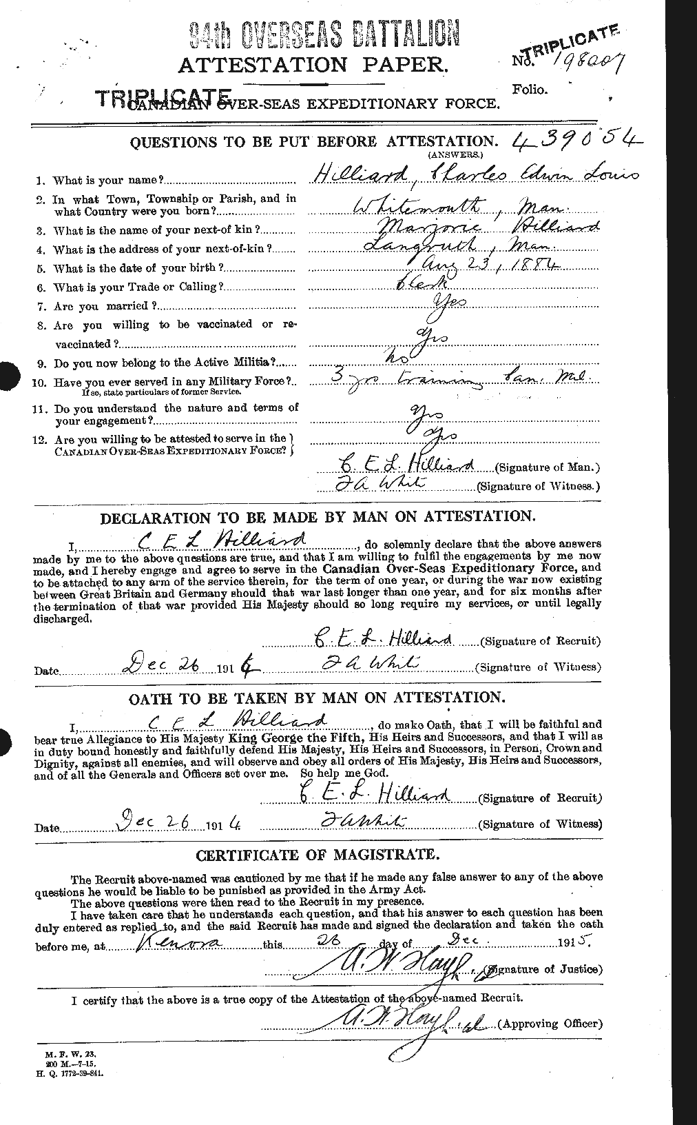 Dossiers du Personnel de la Première Guerre mondiale - CEC 393601a