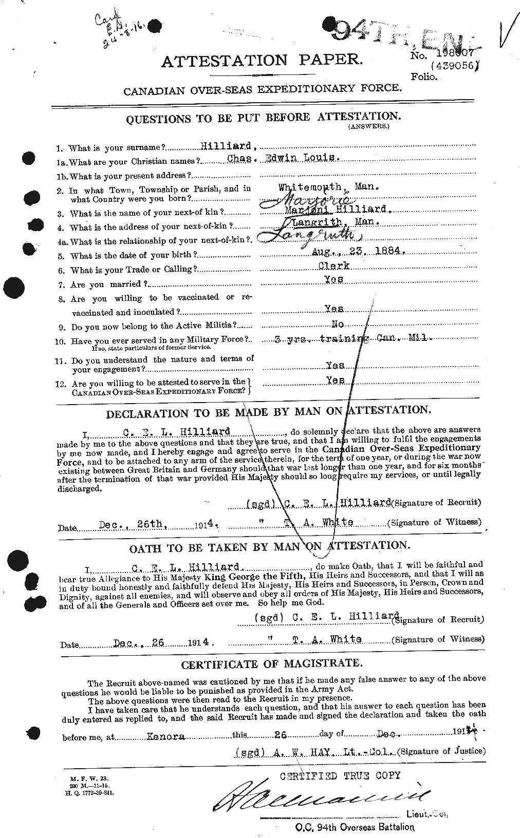 Dossiers du Personnel de la Première Guerre mondiale - CEC 393602a