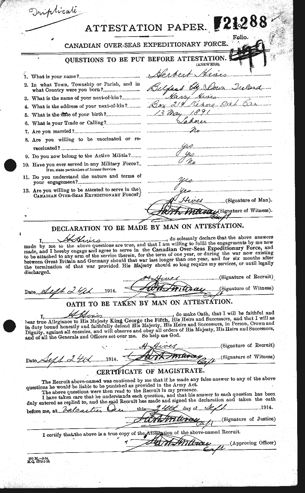 Dossiers du Personnel de la Première Guerre mondiale - CEC 394676a