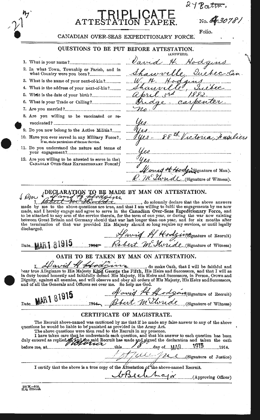 Dossiers du Personnel de la Première Guerre mondiale - CEC 395209a