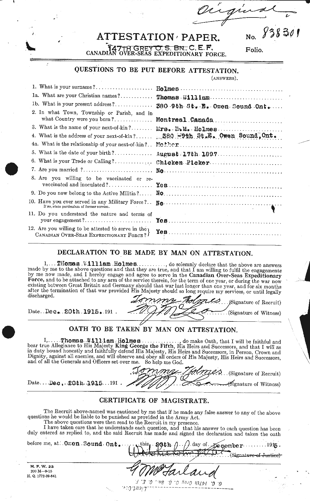 Dossiers du Personnel de la Première Guerre mondiale - CEC 395715a