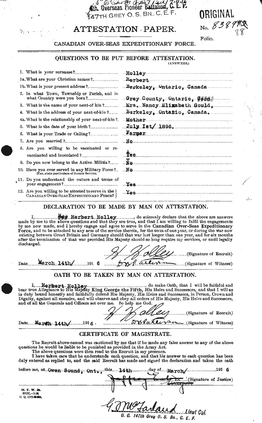 Dossiers du Personnel de la Première Guerre mondiale - CEC 396335a
