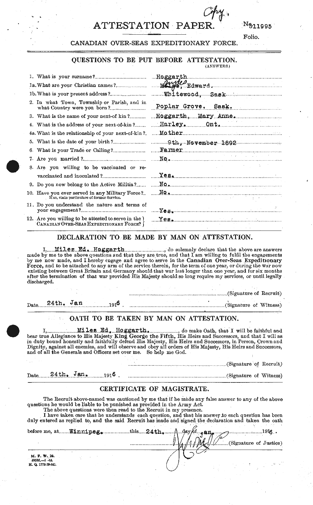Dossiers du Personnel de la Première Guerre mondiale - CEC 396492a