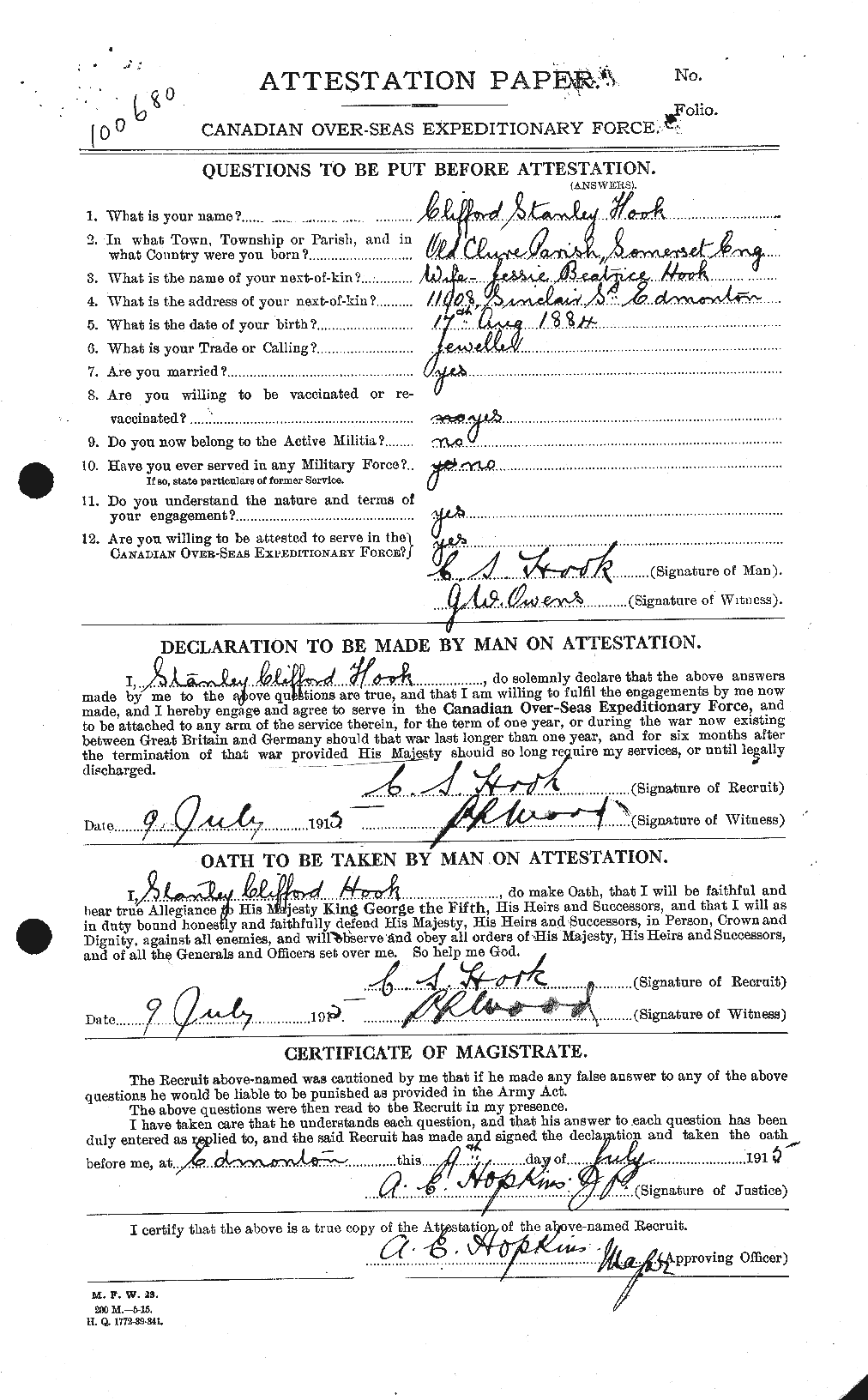 Dossiers du Personnel de la Première Guerre mondiale - CEC 398128a