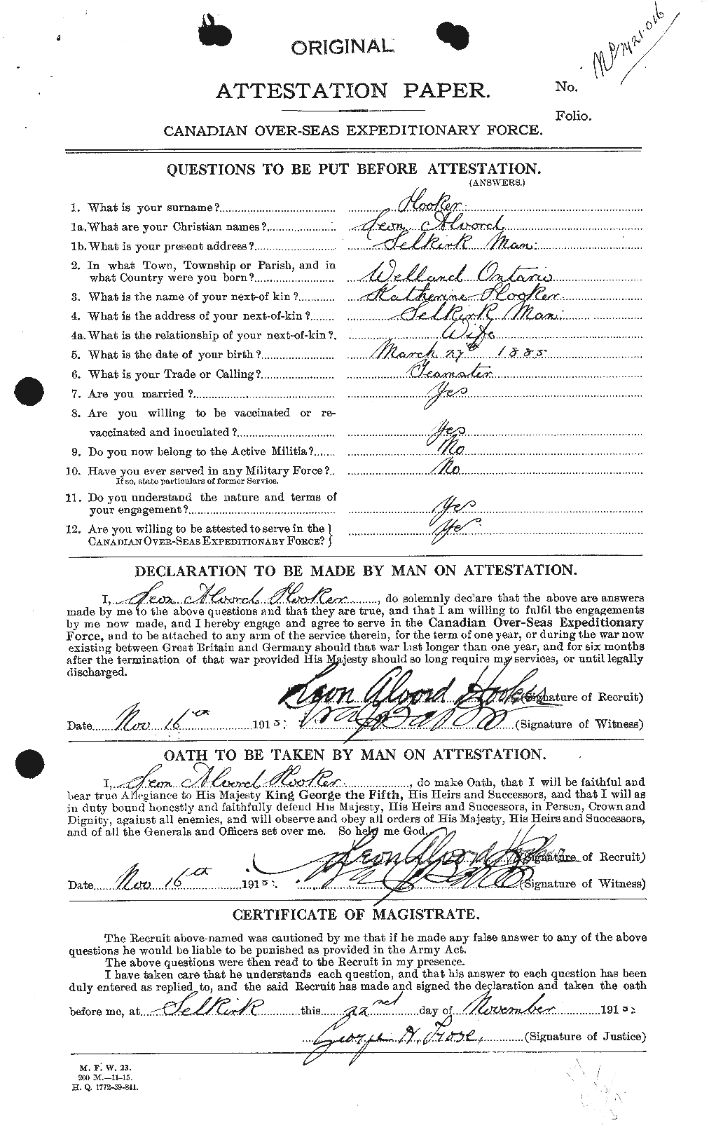 Dossiers du Personnel de la Première Guerre mondiale - CEC 398184a
