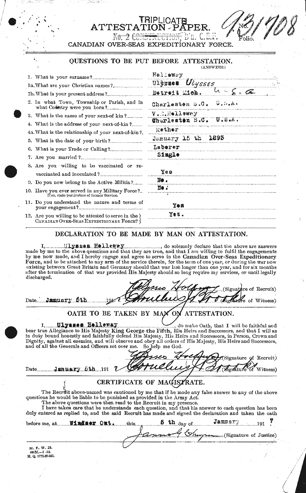 Dossiers du Personnel de la Première Guerre mondiale - CEC 398390a
