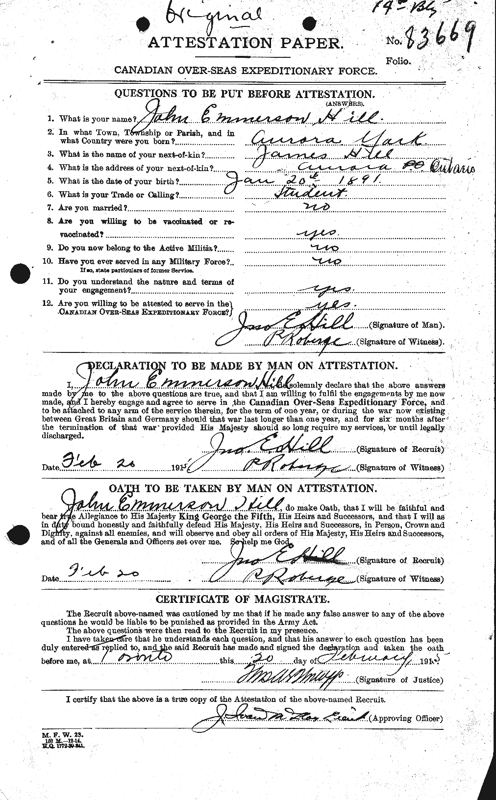 Dossiers du Personnel de la Première Guerre mondiale - CEC 398767a