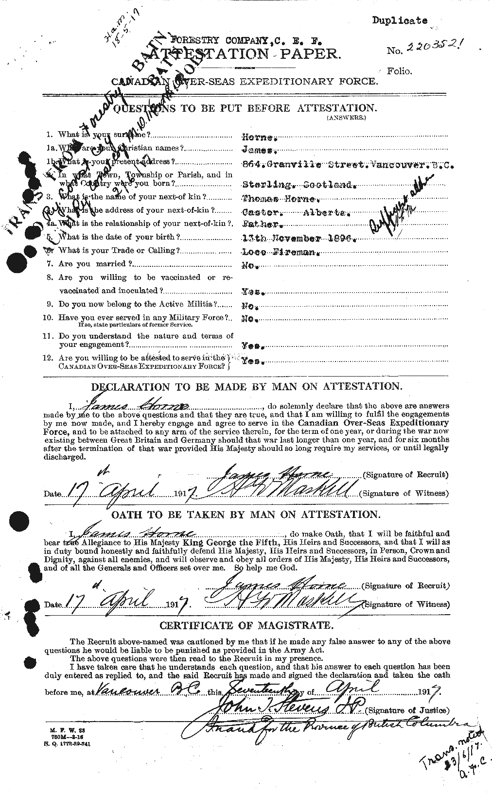 Dossiers du Personnel de la Première Guerre mondiale - CEC 399639a