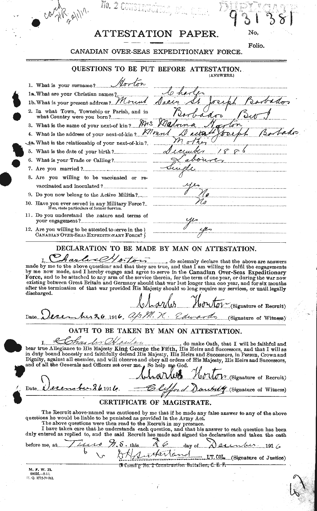 Dossiers du Personnel de la Première Guerre mondiale - CEC 399824a