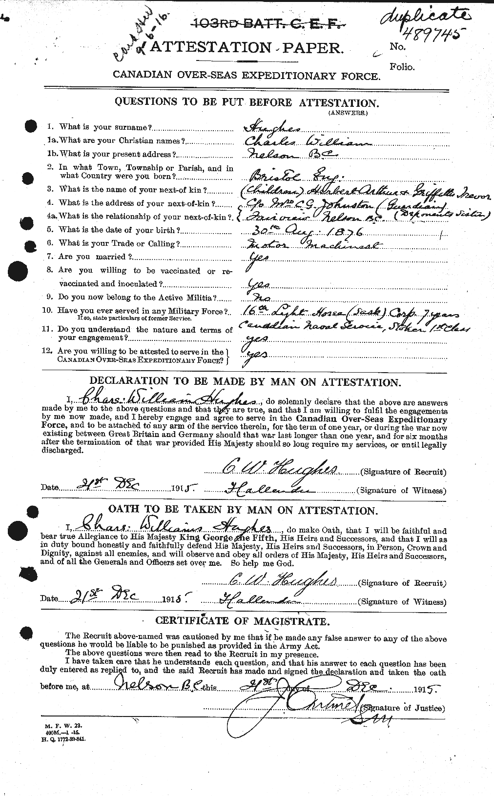 Dossiers du Personnel de la Première Guerre mondiale - CEC 402618a