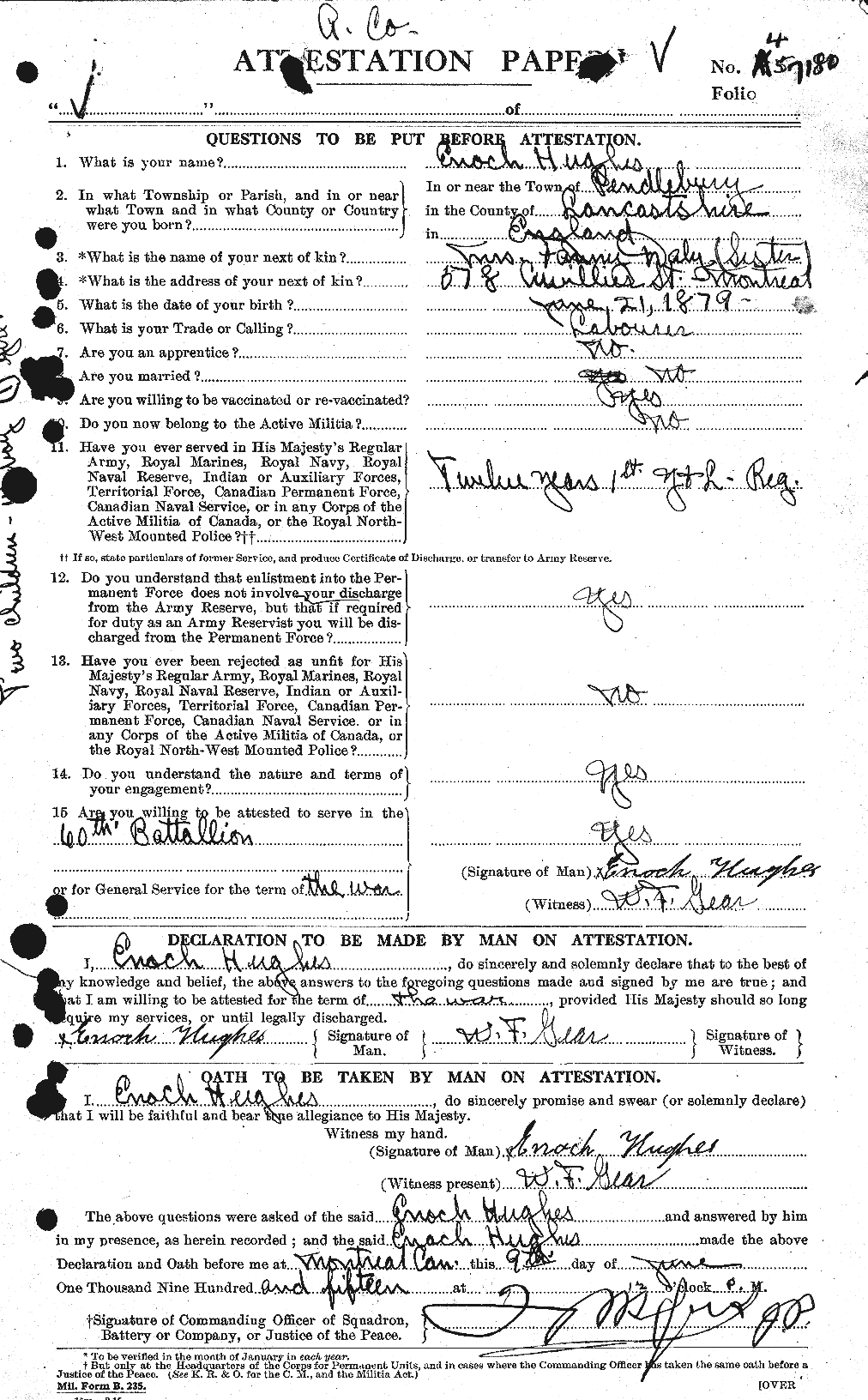 Dossiers du Personnel de la Première Guerre mondiale - CEC 402707a