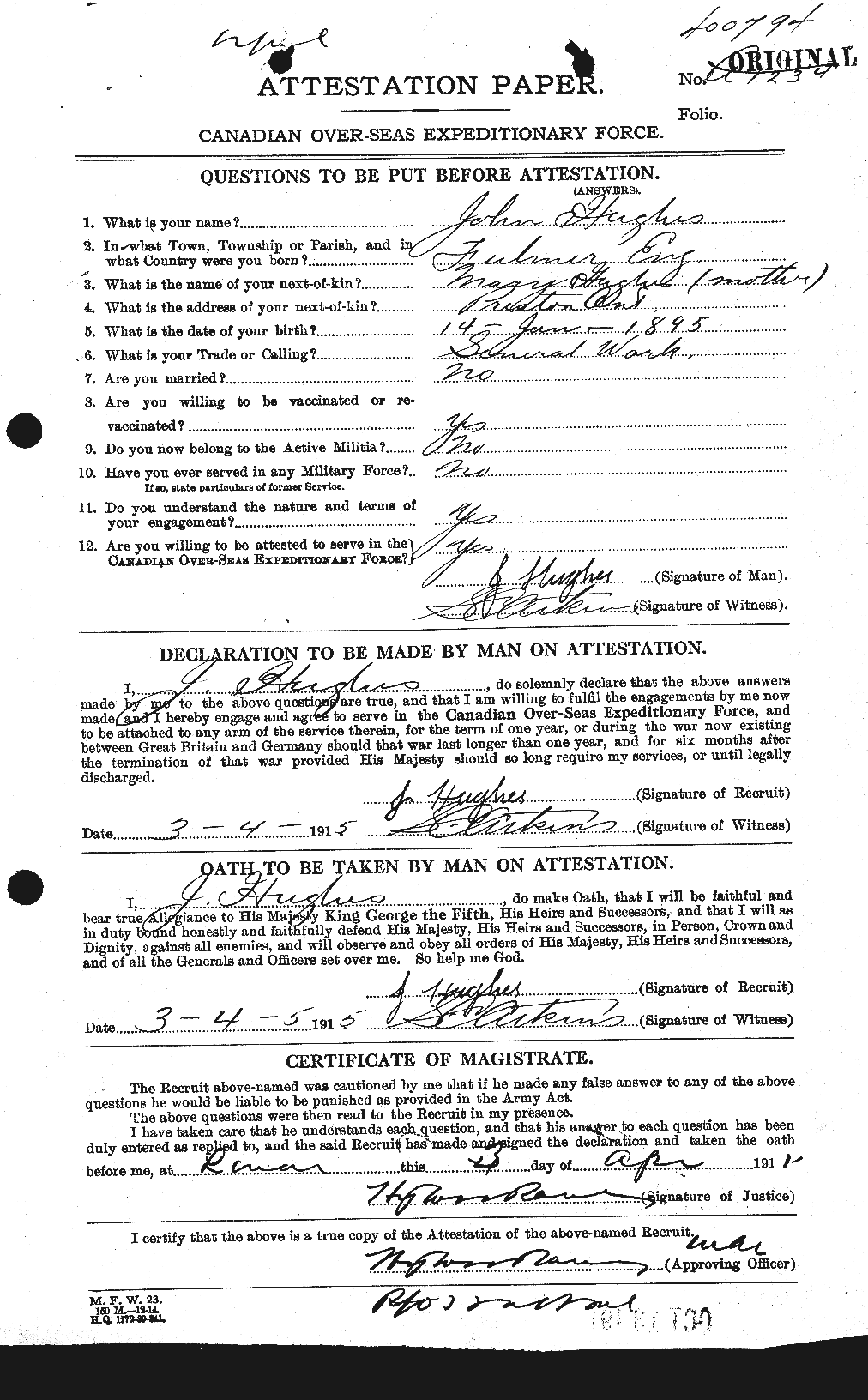 Dossiers du Personnel de la Première Guerre mondiale - CEC 403991a