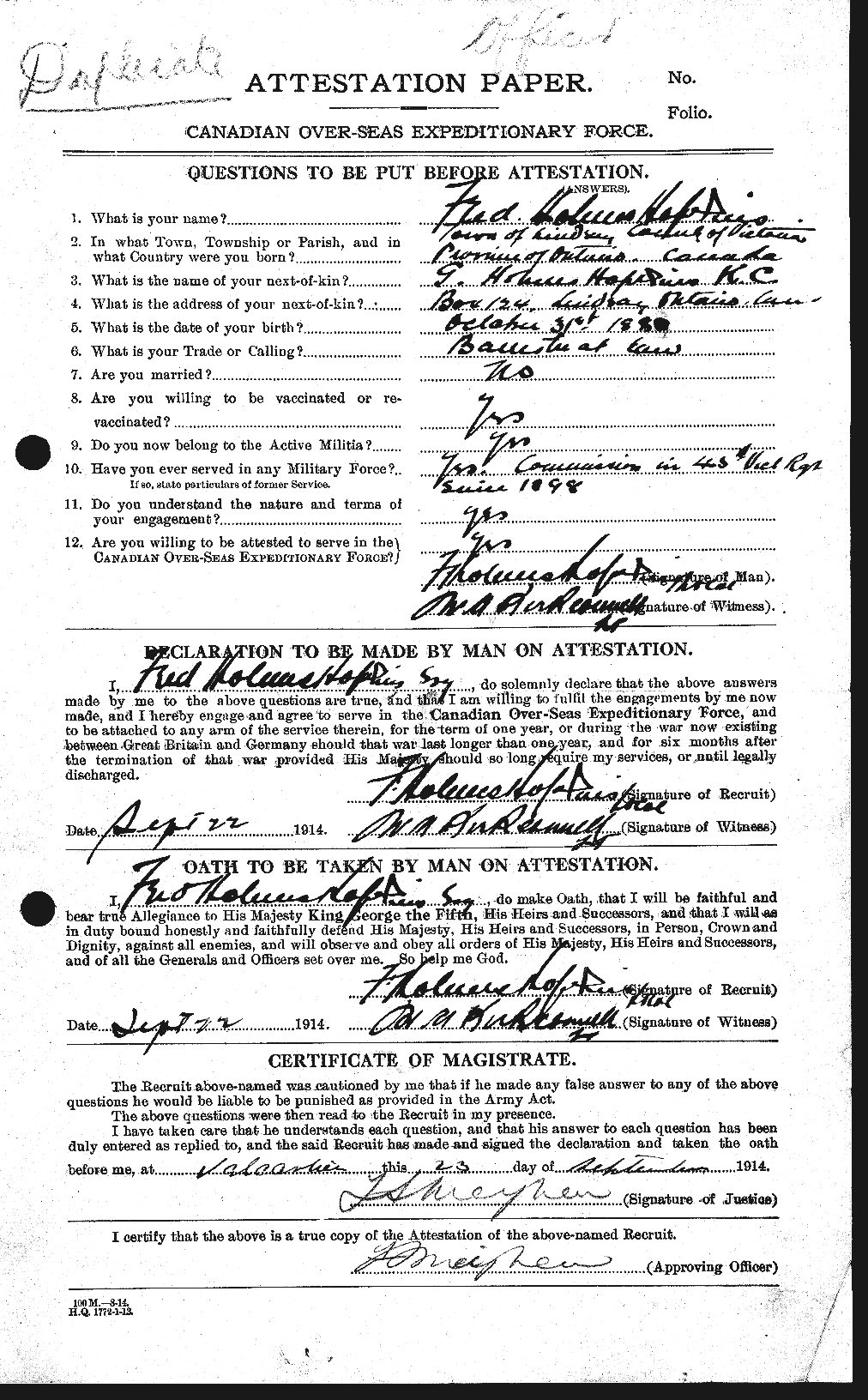 Dossiers du Personnel de la Première Guerre mondiale - CEC 404812a