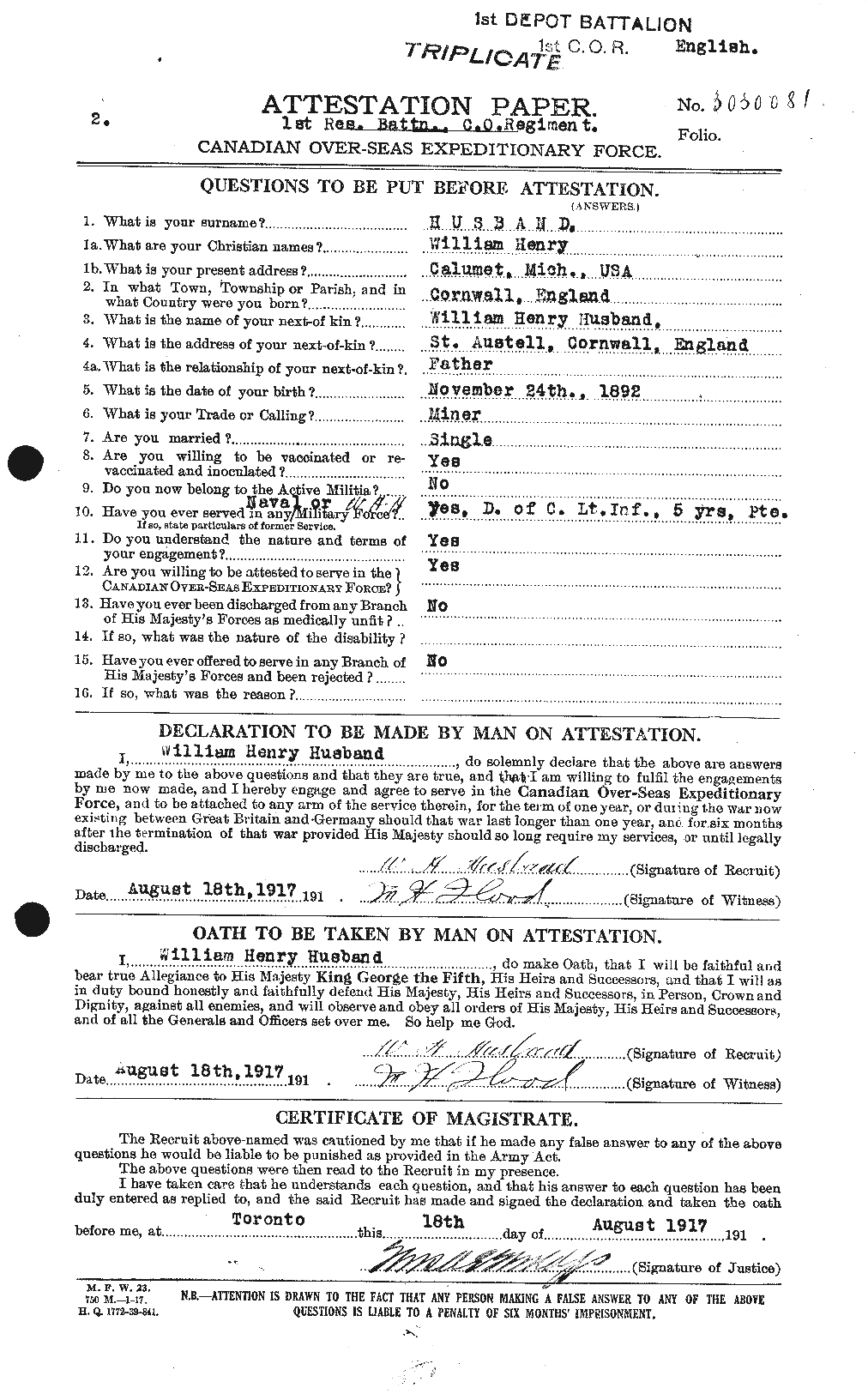 Dossiers du Personnel de la Première Guerre mondiale - CEC 405255a