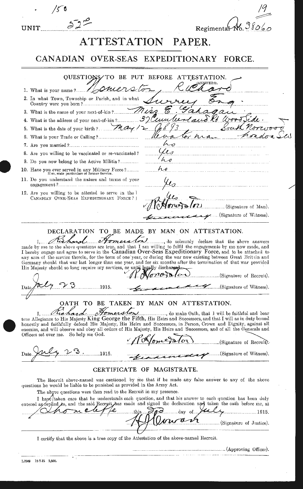 Dossiers du Personnel de la Première Guerre mondiale - CEC 405493a