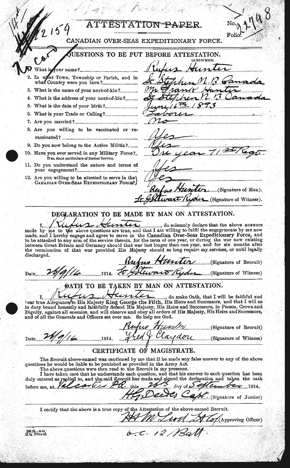 Dossiers du Personnel de la Première Guerre mondiale - CEC 406498a