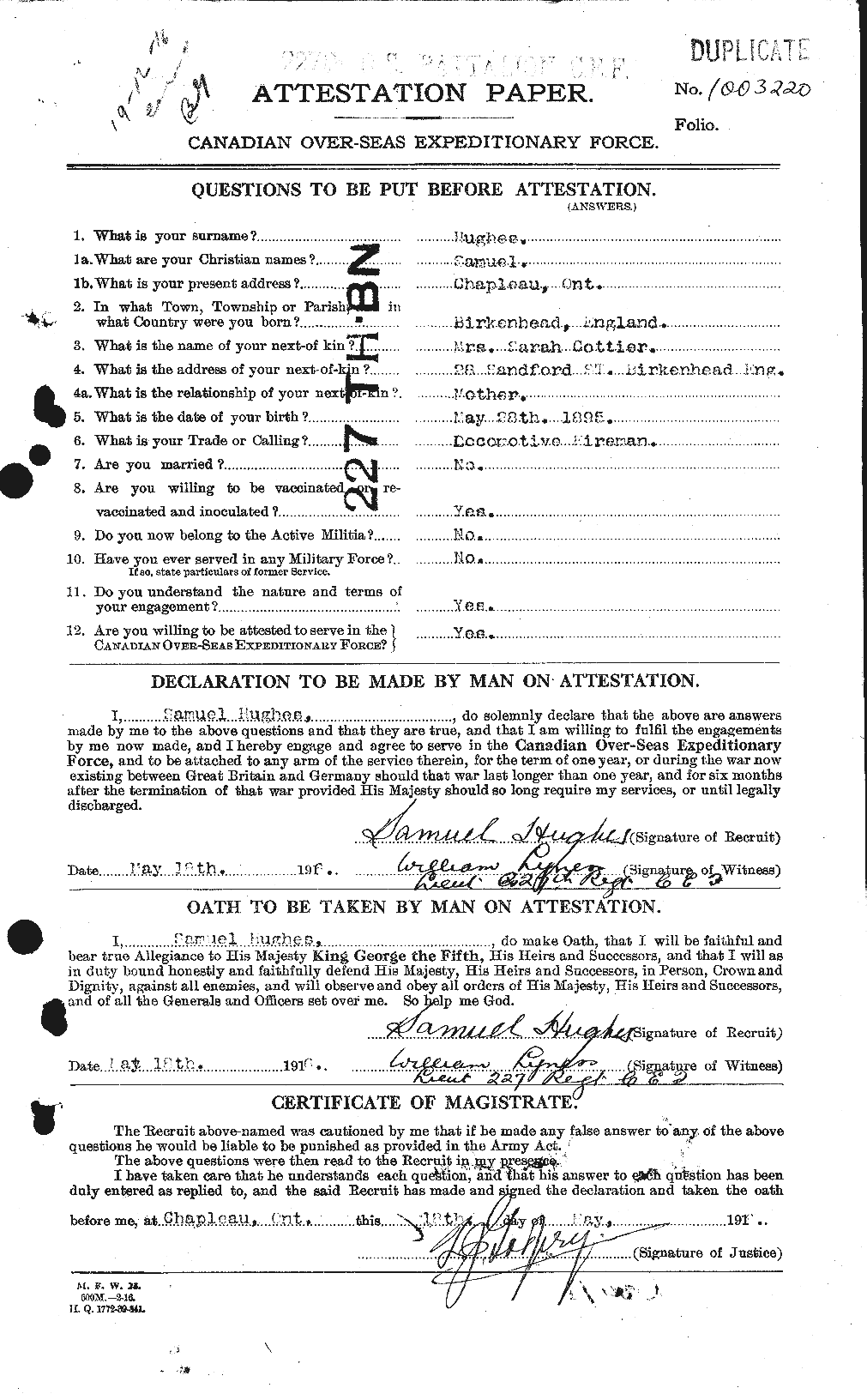 Dossiers du Personnel de la Première Guerre mondiale - CEC 406637a