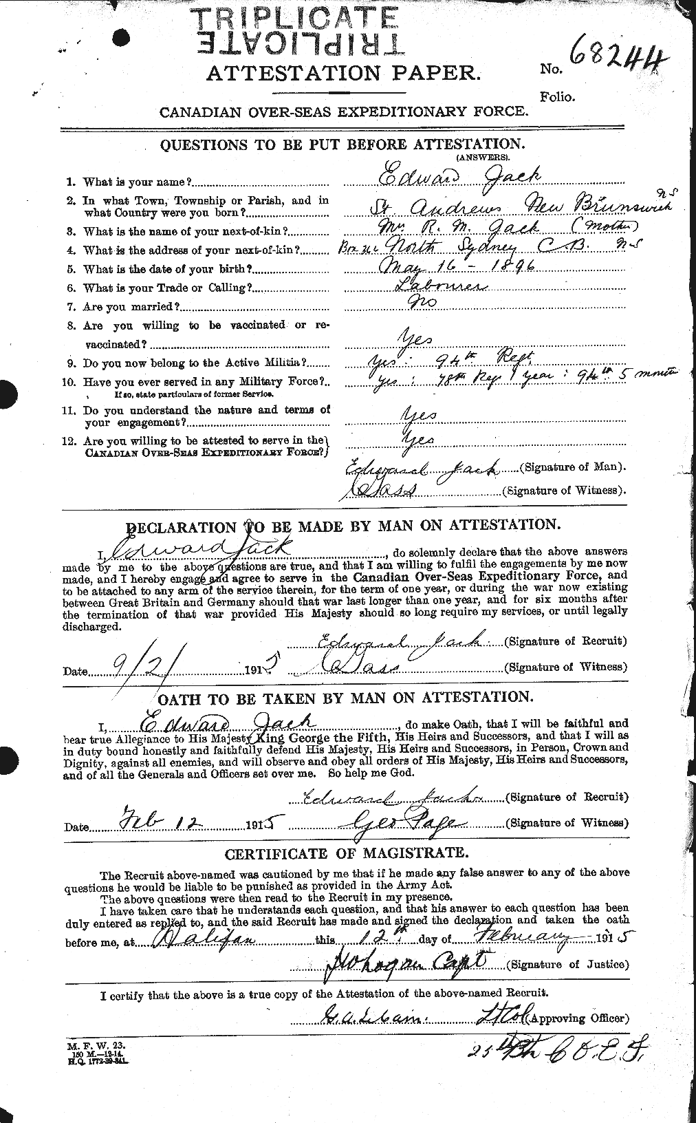 Dossiers du Personnel de la Première Guerre mondiale - CEC 409695a