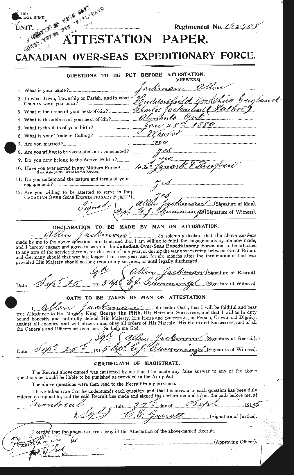 Dossiers du Personnel de la Première Guerre mondiale - CEC 409819a