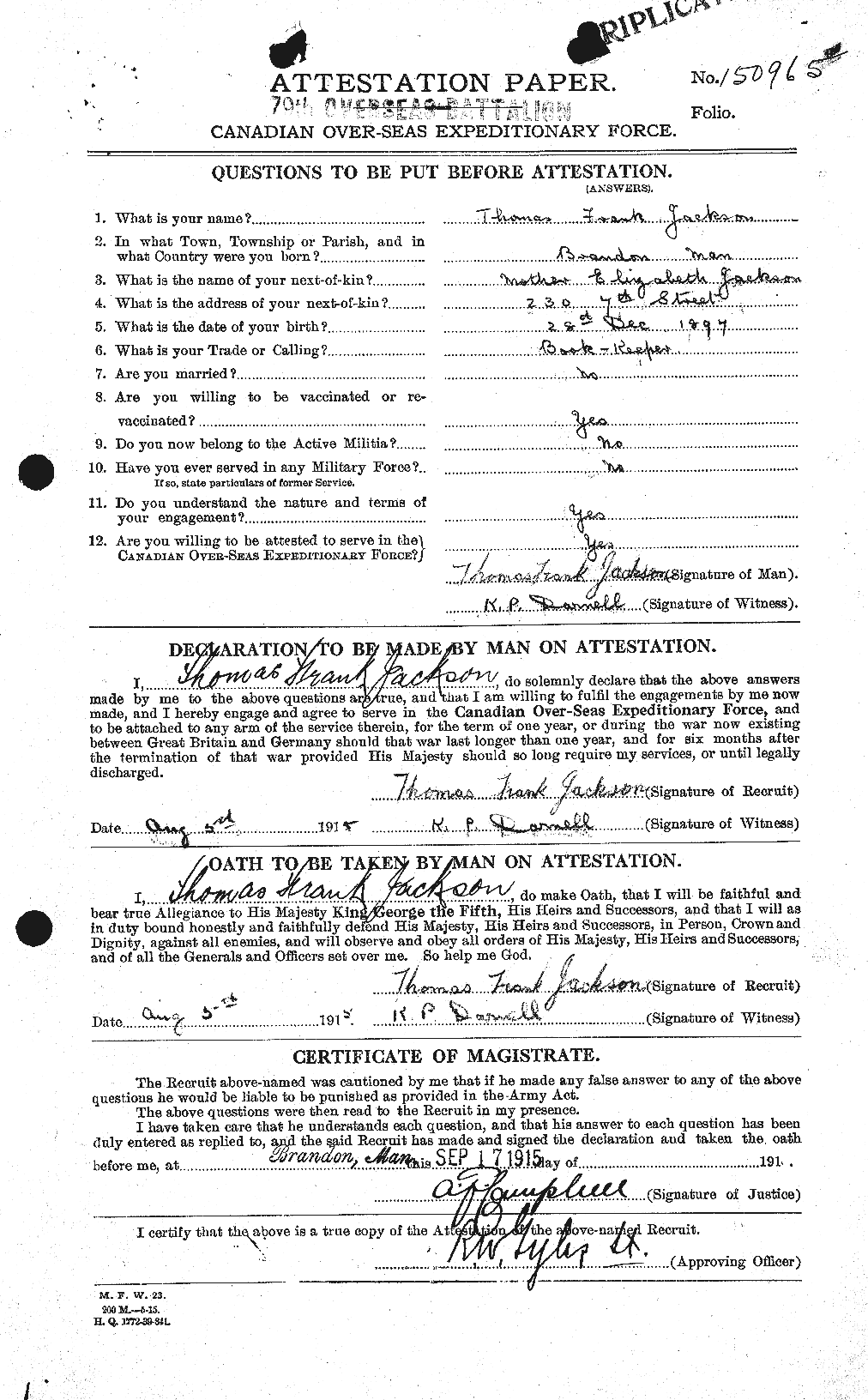 Dossiers du Personnel de la Première Guerre mondiale - CEC 412326a