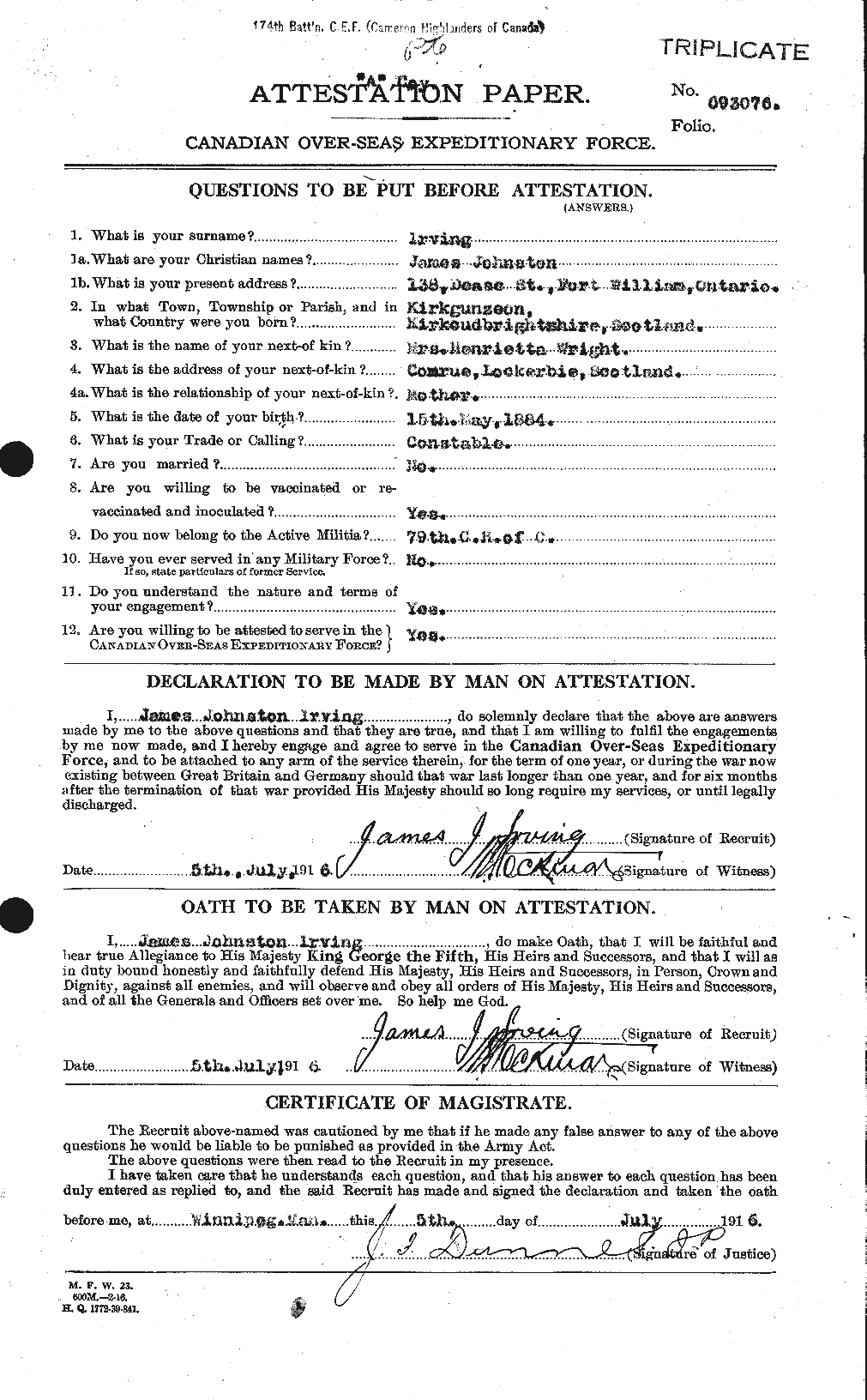 Dossiers du Personnel de la Première Guerre mondiale - CEC 412673a