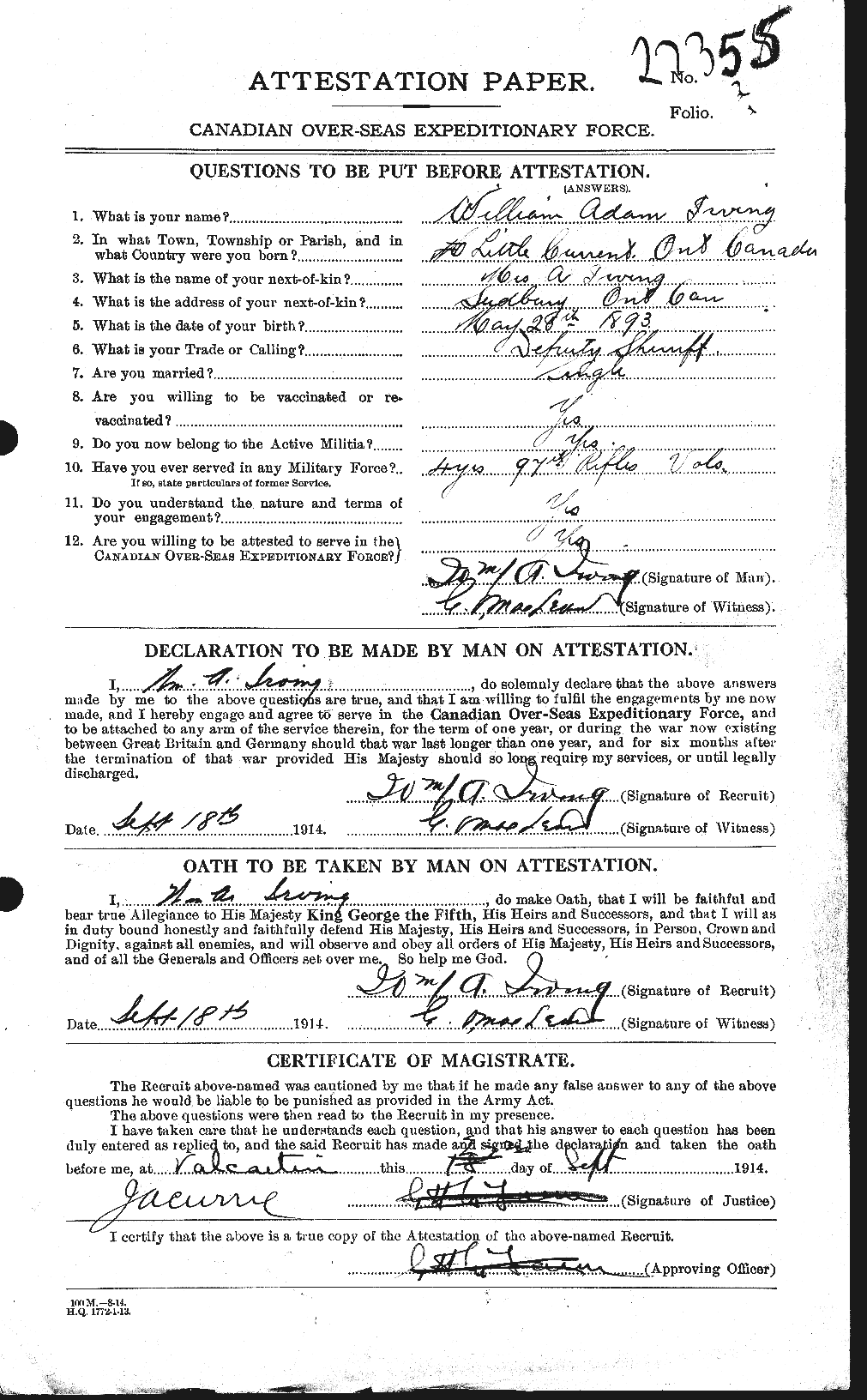 Dossiers du Personnel de la Première Guerre mondiale - CEC 412742a