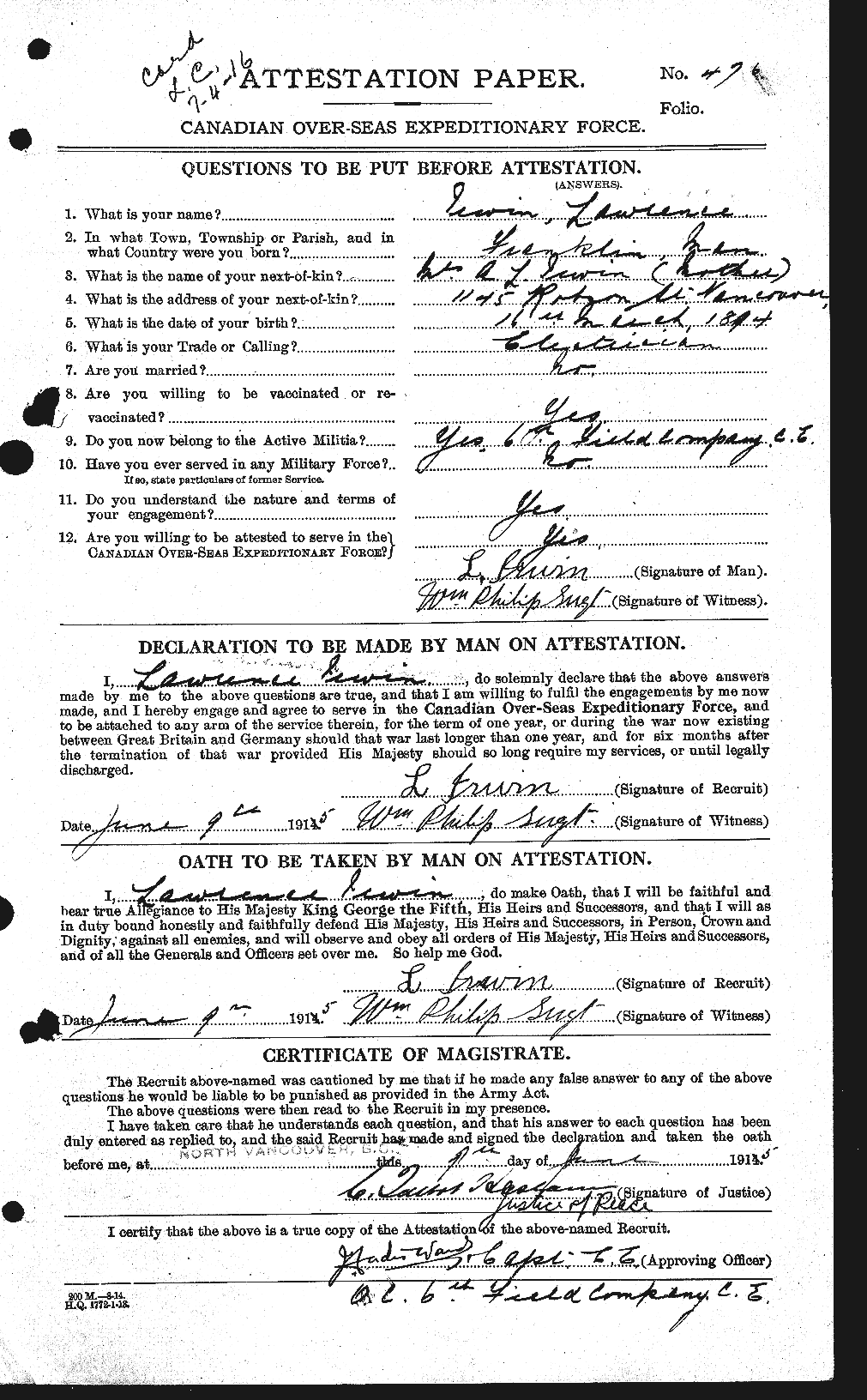 Dossiers du Personnel de la Première Guerre mondiale - CEC 412950a