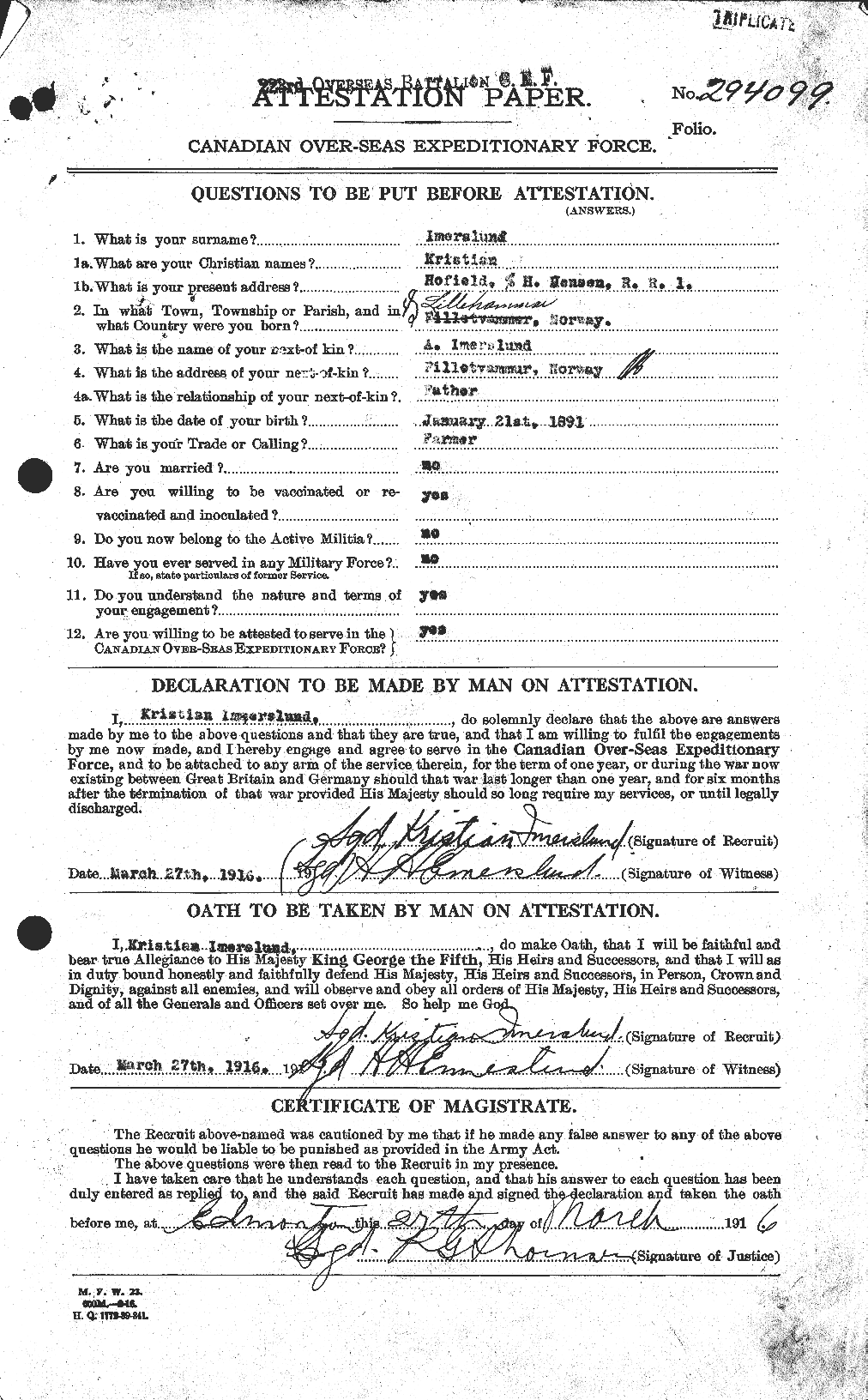 Dossiers du Personnel de la Première Guerre mondiale - CEC 413359a