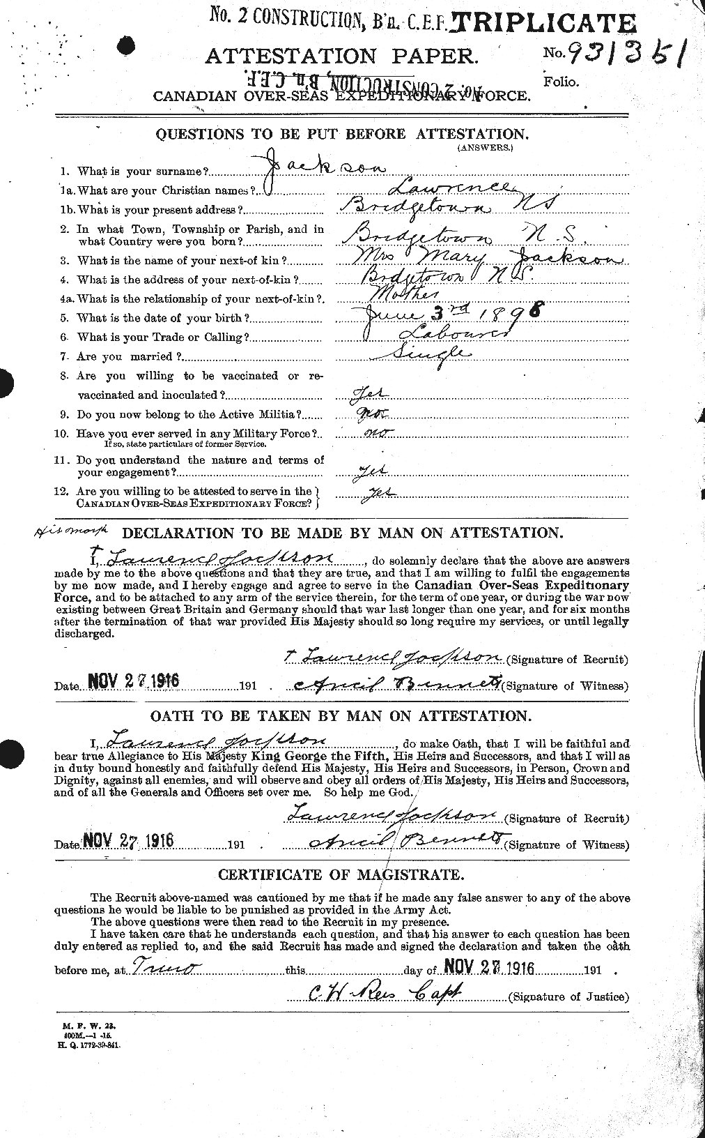 Dossiers du Personnel de la Première Guerre mondiale - CEC 414386a