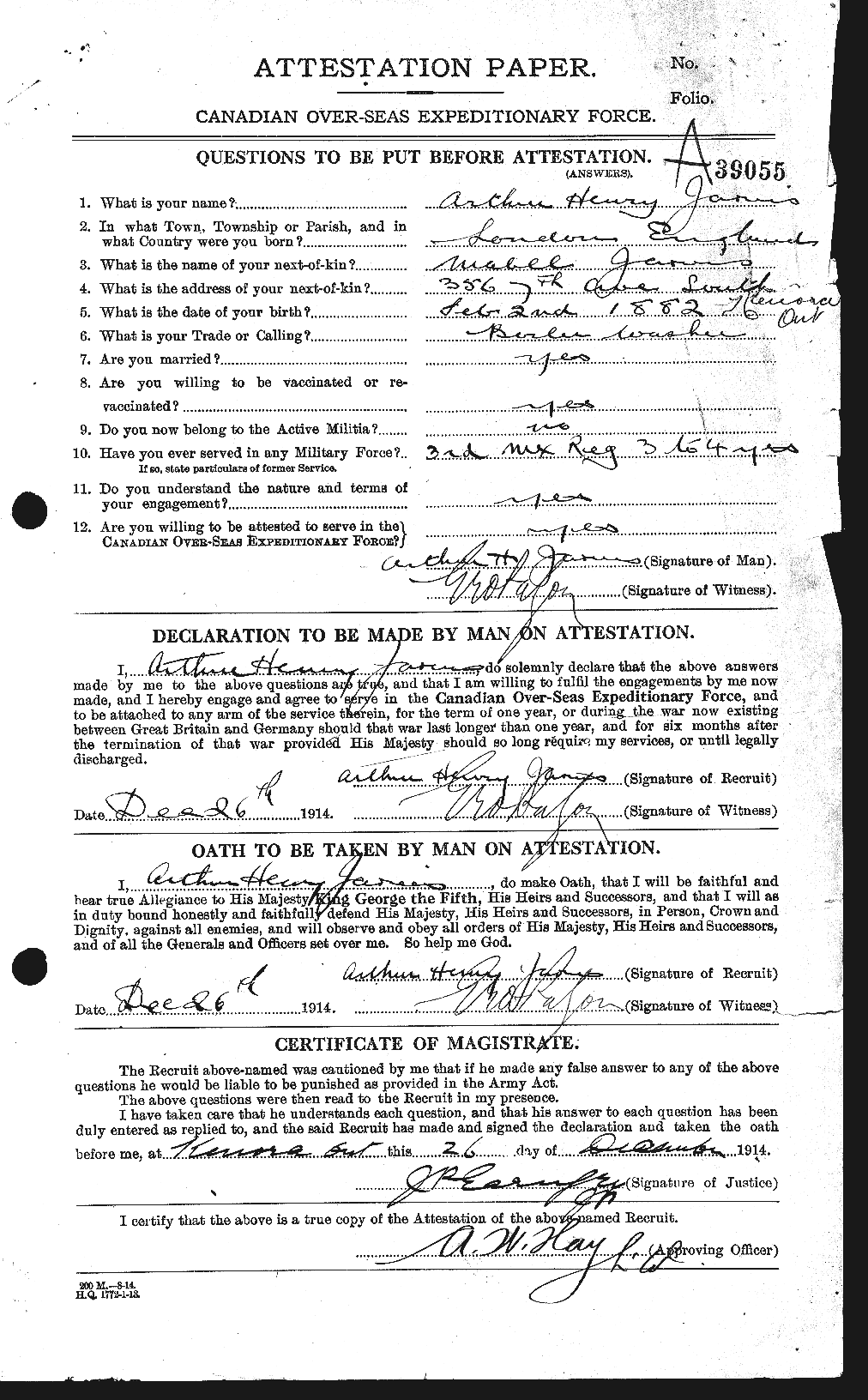 Dossiers du Personnel de la Première Guerre mondiale - CEC 414642a