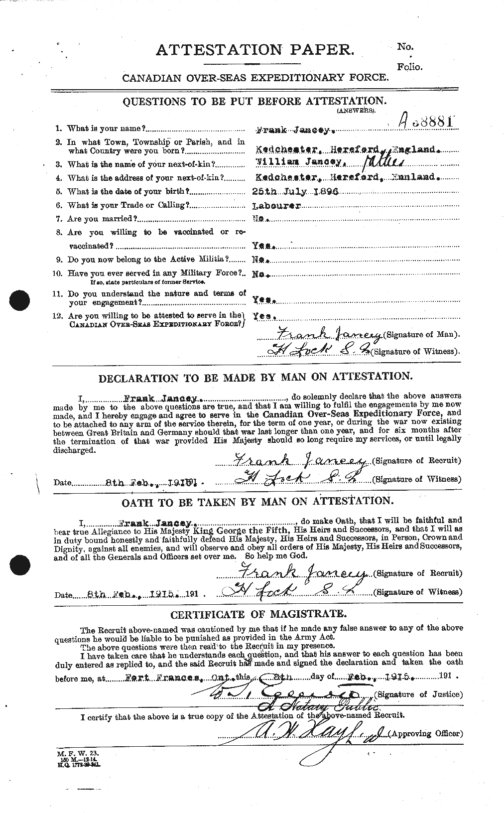 Dossiers du Personnel de la Première Guerre mondiale - CEC 415336a