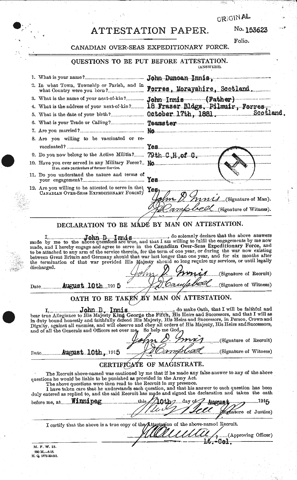 Dossiers du Personnel de la Première Guerre mondiale - CEC 415476a