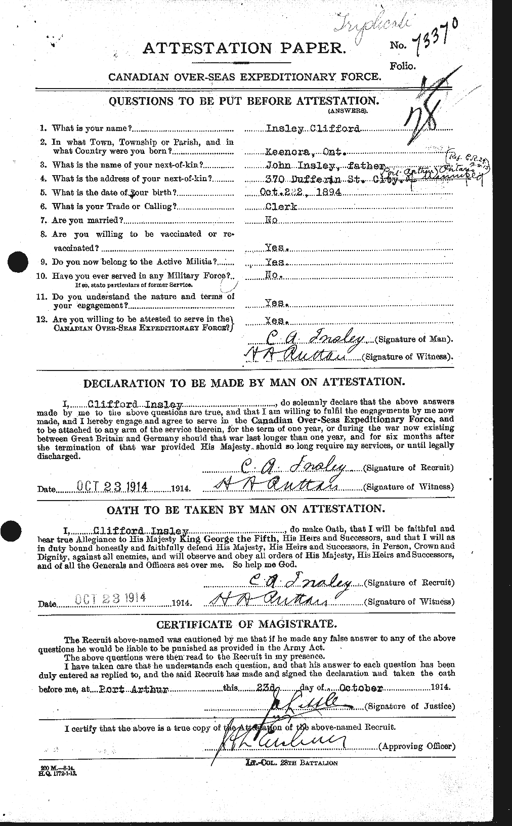 Dossiers du Personnel de la Première Guerre mondiale - CEC 415522a
