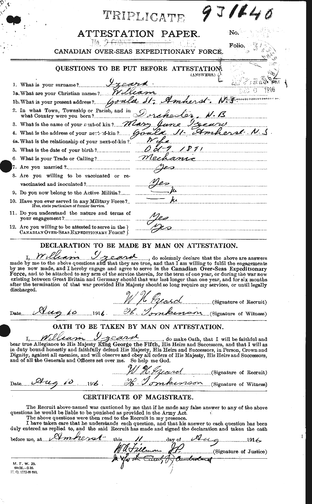 Dossiers du Personnel de la Première Guerre mondiale - CEC 416441a