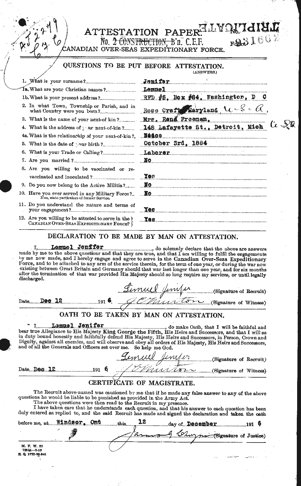 Dossiers du Personnel de la Première Guerre mondiale - CEC 416529a