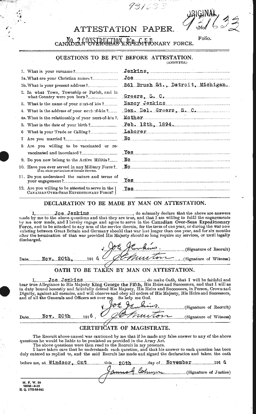 Dossiers du Personnel de la Première Guerre mondiale - CEC 416695a
