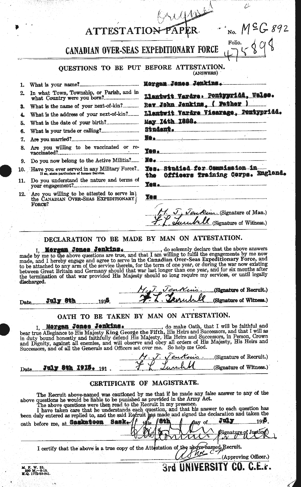 Dossiers du Personnel de la Première Guerre mondiale - CEC 416740a
