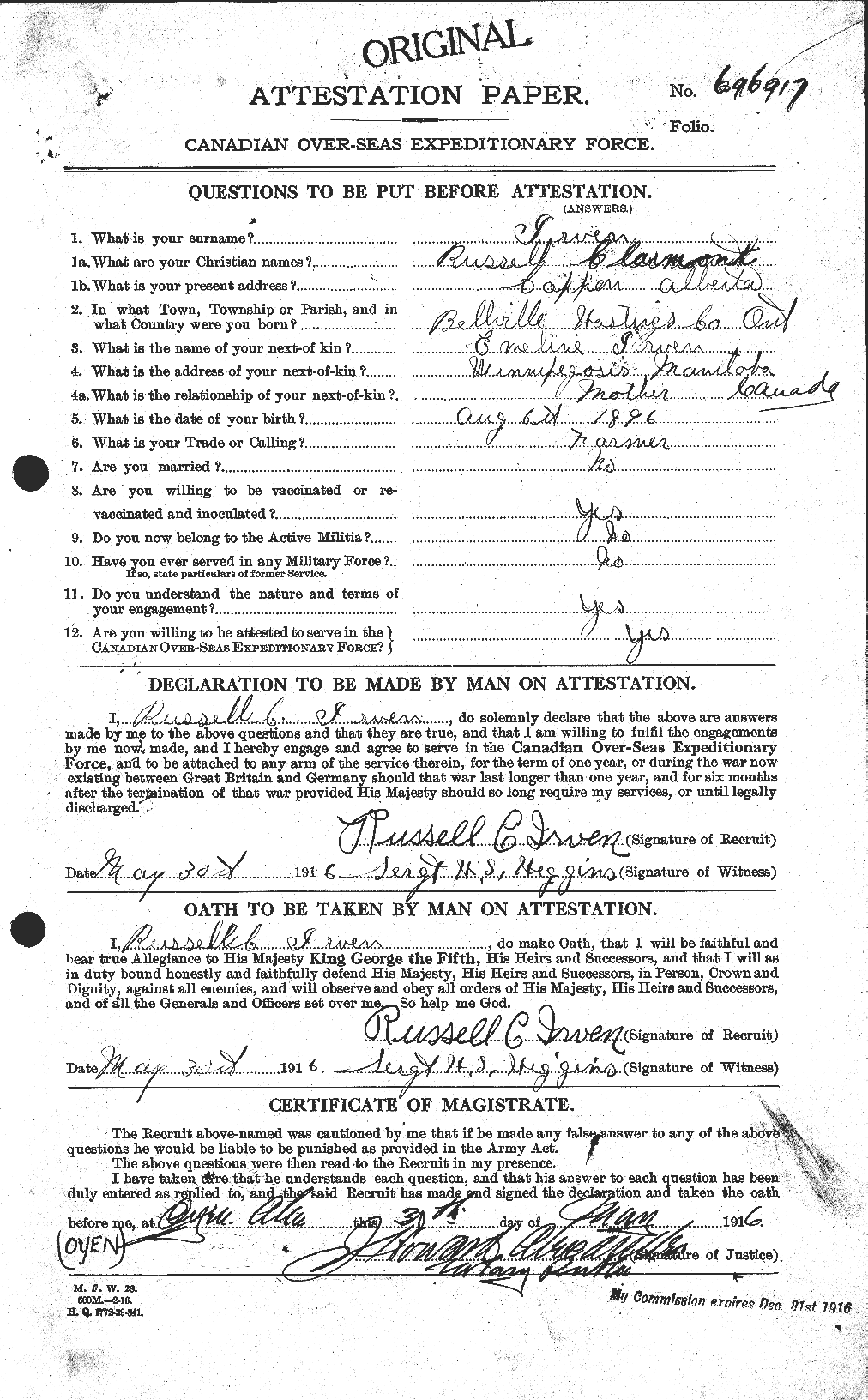 Dossiers du Personnel de la Première Guerre mondiale - CEC 417168a