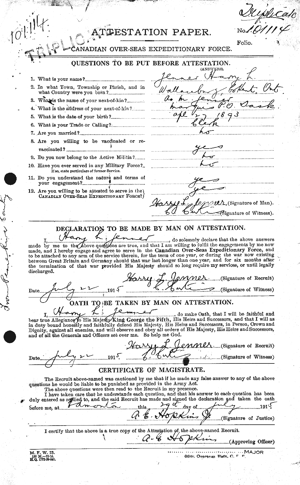 Dossiers du Personnel de la Première Guerre mondiale - CEC 418165a
