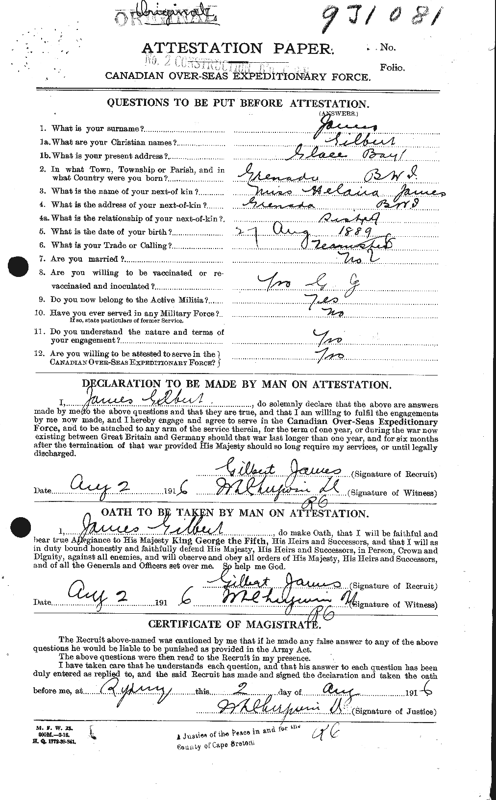 Dossiers du Personnel de la Première Guerre mondiale - CEC 419410a